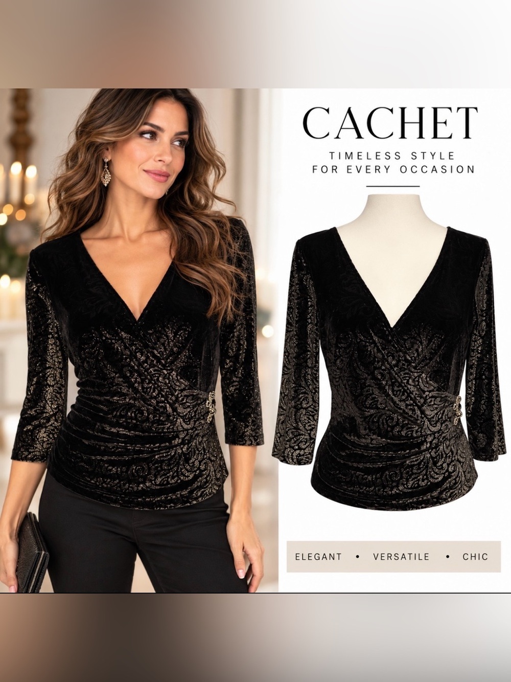 Cachet Black Velvet Burnout Top Metallic Paisley Wrap Ruched Y2K Party Large